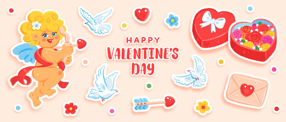 Wall Mural - Hand drawn set of elements for valentines day. Vector illustration of cupid, gift box, envelope, bouquet, helium balloons, heart and pigeons isolated on background