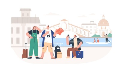 Wall Mural - Tourists on summer holiday travel to Venice. Friends going sightseeing in tour. Happy people with phone, map and landmarks in Europe trip. Flat vector illustration isolated on white background