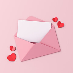 Aufkleber - Blank white paper in pink envelope and red origami hearts isolated on pink pastel color background with shadows minimal conceptual for valentine's day 3D rendering