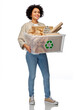 © Syda Productions - recycling, waste sorting and sustainability concept - happy smiling woman holding paper garbage in plastic box over white background