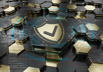 Wall Mural - shield icon concept engraved on gold metal hexagonal pedestral background. security logo glowing on 