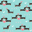 Dachshund dogs in love and hearts seamless pattern on a blue background. Valentines day Vector illustration