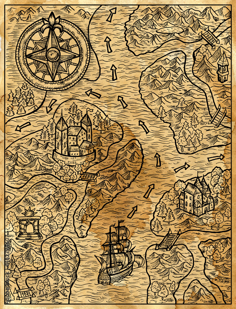 Old paper textured illustration of old pirate map of treasure hunt with ...