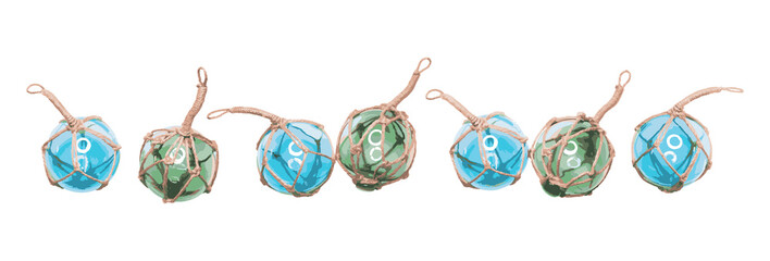 Glass fishing net round buoys. Many of glass spheres with ropes isolated on white background. Scandinavian traditional decor. Vector EPS 10