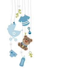 Wall Mural - Links Hängende Babysymbole Junge Mit Teddy Retroblau Olivgrün