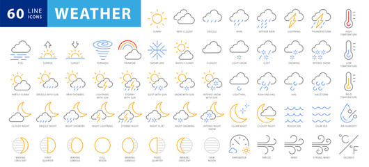 Wall Mural - Weather icons set isolated on a white background. Clouds logo and sign collection. Black, blue and yellow colors. Simple modern design. Flat style vector illustration