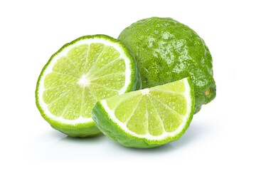 Wall Mural - Bergamot fruit with cut in half and leaf isolated on white background.
