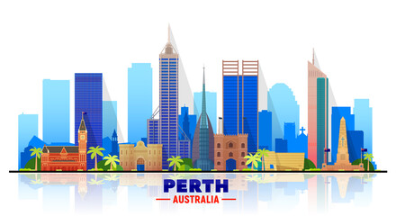 Wall Mural - Perth Australia skyline with panorama in sky background. Vector Illustration. Business travel and tourism concept with modern buildings. Image for banner or website