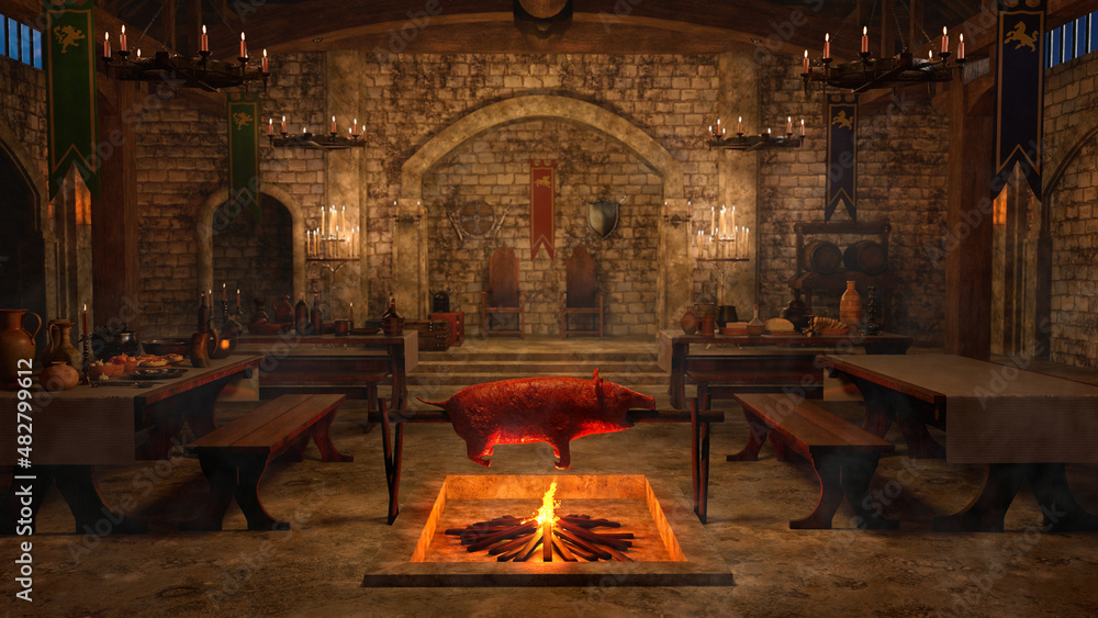 Medieval Viking dining hall interior with a pig roasting over an open fire and thrones in an archway in the background. 3D illustration.