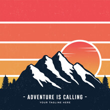 Vintage Styled Mountains Banner Design With Adventure Is Calling Caption. Mountains Sunset Silhouette. Vector Illustration.