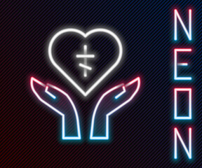 Wall Mural - Glowing neon line Religious cross in the heart inside icon isolated on black background. Love of God, Catholic and Christian symbol. People pray. Colorful outline concept. Vector