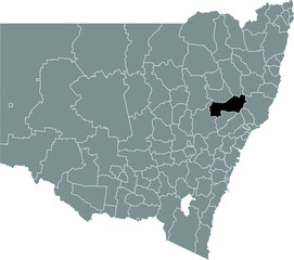 Black flat blank highlighted location map of the UPPER HUNTER SHIRE AREA inside gray administrative map of districts of Australian state of New South Wales, Australia