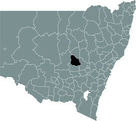 Black flat blank highlighted location map of the PARKES SHIRE AREA inside gray administrative map of districts of Australian state of New South Wales, Australia