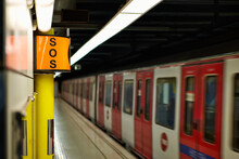 Sign Symbol SOS.Subway Metro Train Station Platform With. Metropolitan Railroad, Railway