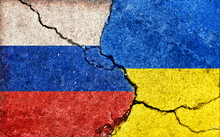 Russia Vs Ukraine (War Crisis , Political  Conflict). Grunge Country Flag Illustration (cracked Concrete Background) .