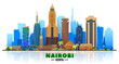 Nairobi Kenya skyline at white background. Flat realistic style with famous landmarks and modern scraper buildings. Vector illustration for web or print production.