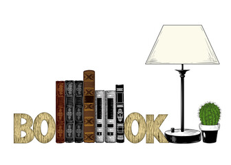  .A pile of books with a book holder, cactus in a flowerpot and a lamp.. Vector drawing in vintage style. Isolated objects on white background. A hand-drawn sketch.