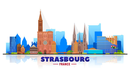 Wall Mural - Strasbourg (France) city skyline vector at white background. Flat vector illustration. Business travel and tourism concept with modern buildings. Image for banner or website.