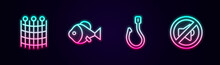 Set Line Fishing Net Pattern, Hook And Speaker Mute. Glowing Neon Icon. Vector