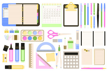 Fototapete - Stationery concept collection in flat cartoon design. Notebook, calendar, tablet, pen, pencil, paper, clip, paints, scissors, markers and other office supply set isolated elements. Vector illustration