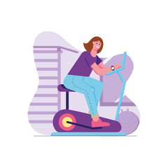 Athlete doing sports activities modern flat concept. Young woman training at exercise bike in gym. Healthy lifestyle, cardio workout. Vector illustration with people scene for web banner design