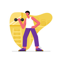 Wall Mural - Athlete doing sports activities modern flat concept. Happy man doing exercises with dumbbells. Beginner weightlifter training in gym. Vector illustration with people scene for web banner design