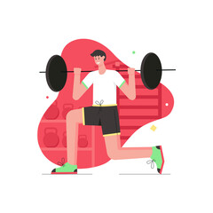 Wall Mural - Athlete doing sports activities modern flat concept. Man doing exercises with barbell, power workout. Beginner weightlifter training in gym. Vector illustration with people scene for web banner design