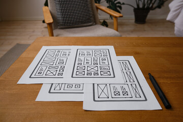 UX website design wireframe. Sketch, prototype, framework, layout future design project. UI/UX - user interface, user experience designer. Creative concept for web design studio. Website development