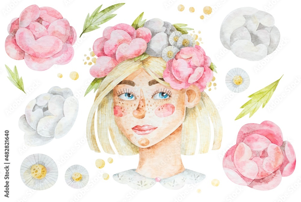 Beautiful girl with floral wreath. Watercolor illustration. Pink and ...