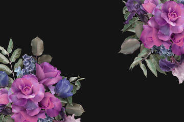 Wall Mural - Floral banner, header with copy space. Purple roses isolated on dark background. Natural flowers wallpaper or greeting card.