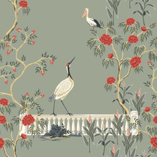 Vintage Garden Tree, Flowers, Crane, Pelican Bird  Floral Seamless Pattern Grey Background. Exotic Chinoiserie Wallpaper.