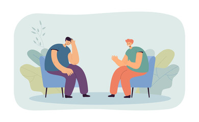 Poster - Sad client talking to psychologist during therapy session. Man comforting friend flat vector illustration. Psychology, support, mental health concept for banner, website design or landing web page