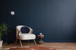 Stylish compositon of elegant living room interior design with fluffy armchair and modern home accessories. Blue wall. Home staging. Template. Copy space.