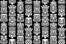 Tiki Pole Totem Vector Seamless Pattern - Traditional Statue Or Mask Repetitve Design From Polynesia And Hawaii In White On Black
