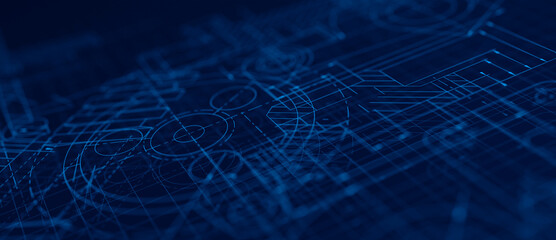Fototapete - Blueprints engineer technician design drawing mechanical gear engineering Engine factory Industry Industrial technology project abstract presentation cover banner background. 3d rendering.