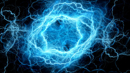 Wall Mural - blue glowing dual circular lightning abstract background