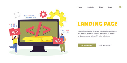 Wall Mural - tiny people using open source platform. characters holding script elements, computer flat vector ill
