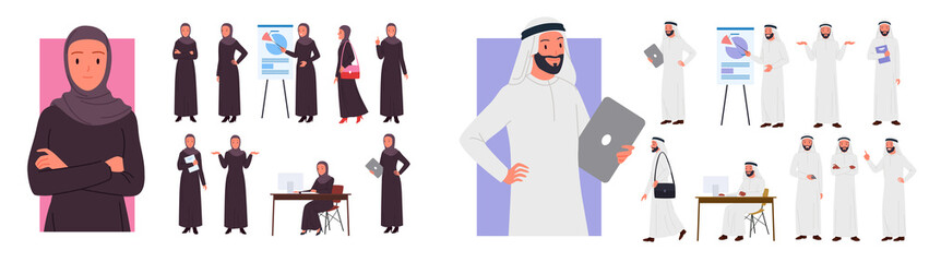 Cartoon young arab woman and man working, pointing on presentation board, walking isolated on white. Saudi businesswoman and businessman in different gestures and poses set vector illustration