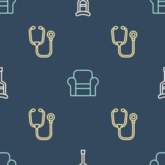 Canvas Print - Set line Crutch or crutches, Stethoscope and Armchair on seamless pattern. Vector