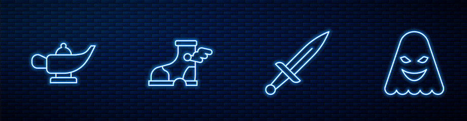 Set line Dagger, Magic lamp or Aladdin, Hermes sandal and Ghost. Glowing neon icon on brick wall. Vector