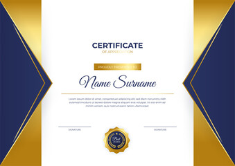 Wall Mural - Elegant blue and gold diploma certificate template with gold badge and border