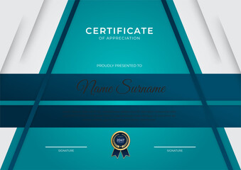 Modern blue business certificate template background with gold badge and border