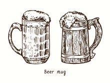 Glass And Wooden (tankard) Beer Mug. Ink Black And White Doodle Drawing In Woodcut Style.