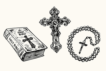 Vintage style Holly Bible, decorative cross with Crucifixion, prayer beads (Roman Catholic rosary beads). Ink black and white drawing  illustration