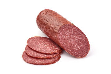 Canvas Print - Traditional salami sausage, Isolated on white background.