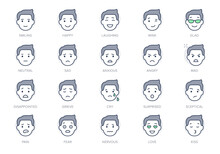 Emoticons Line Icons. Vector Illustration Include Icon - Mental Health, Worry, Laugh, Disappointed Mood, Confused, Outline Pictogram For Man Character Expression. Green Color, Editable Stroke
