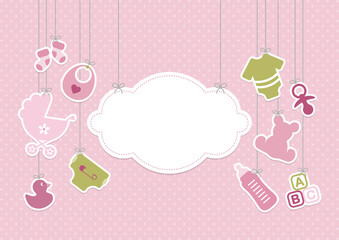 Poster - Karte Hängende Babysymbole Mädchen Mit Wolke Punkte Rosa Olivgrün