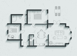 Floor plan of house, on paper background with shadows.