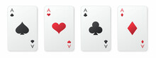 Four Aces Playing Card Suits Set. Hearts, Spades, Diamonds, Clubs Cards. A Winning Poker Hand. Poker, Gambling Concept. Template For Casino, Web Design. Vector Illustration