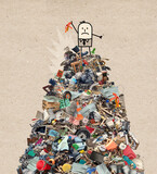 Fototapeta  - Unhappy cartoon man on the top of a big pile of garbage